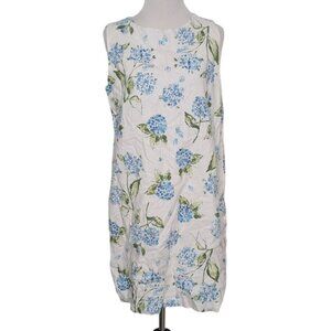Kiel James Patrick Hydrangea Floral Dress Womens Size 8 White Blue Linen Cotton